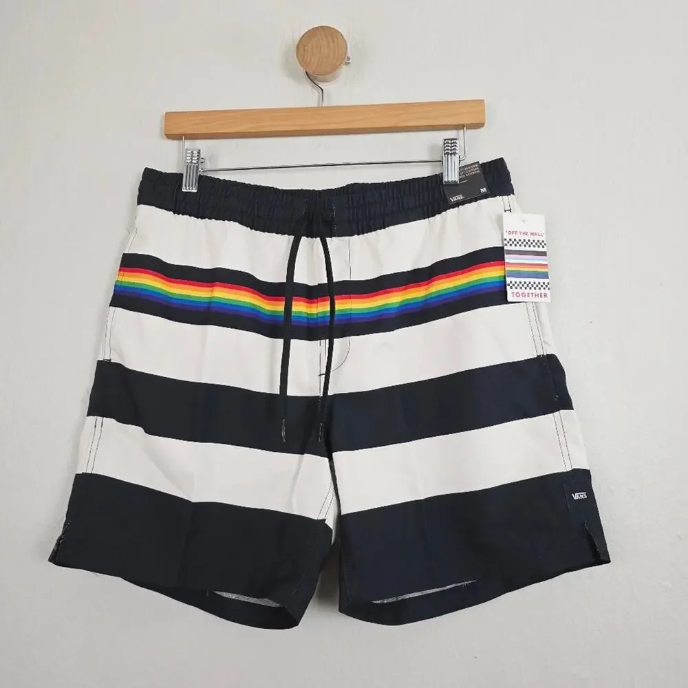 Vans Pride Collection Rainbow Striped Volley Swim Shorts Black Cream Medium NWT